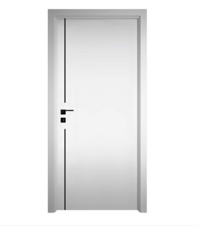 Sobna vrata, RAL TON BIJELO LAKIRANO, sa V crnim ukrasnim metalnim letvicama.